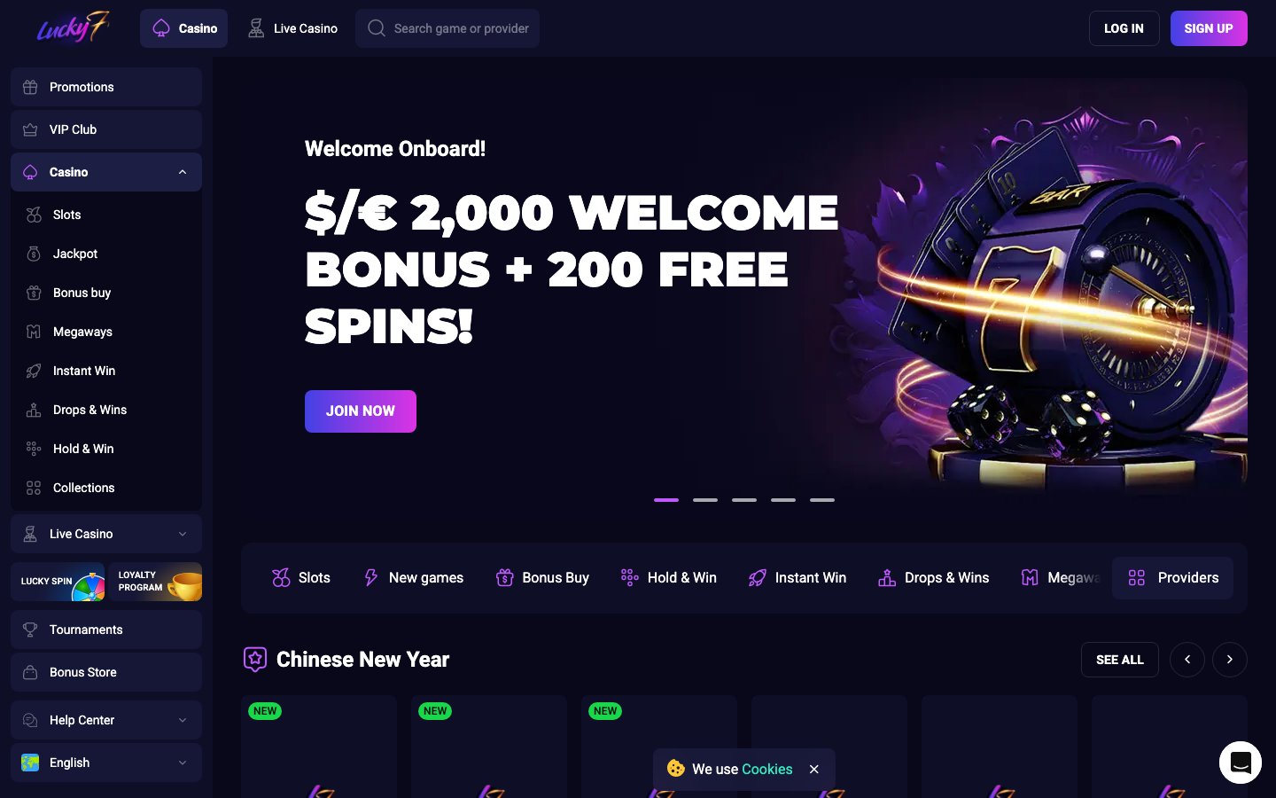 Lucky7even screenshot showing the homepage and game lobby