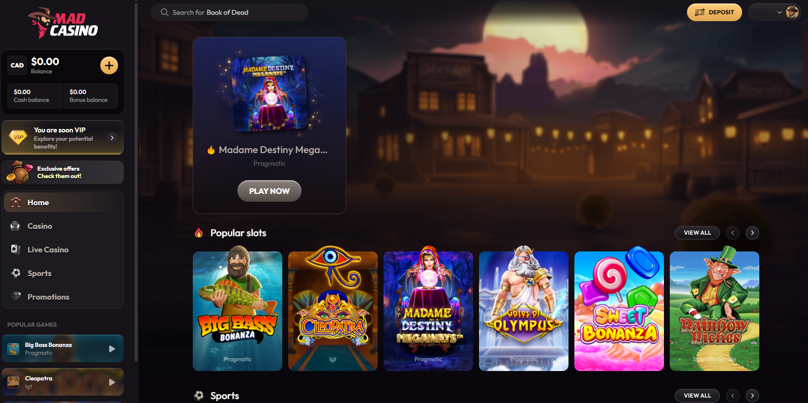 Madcasino homepage screenshot