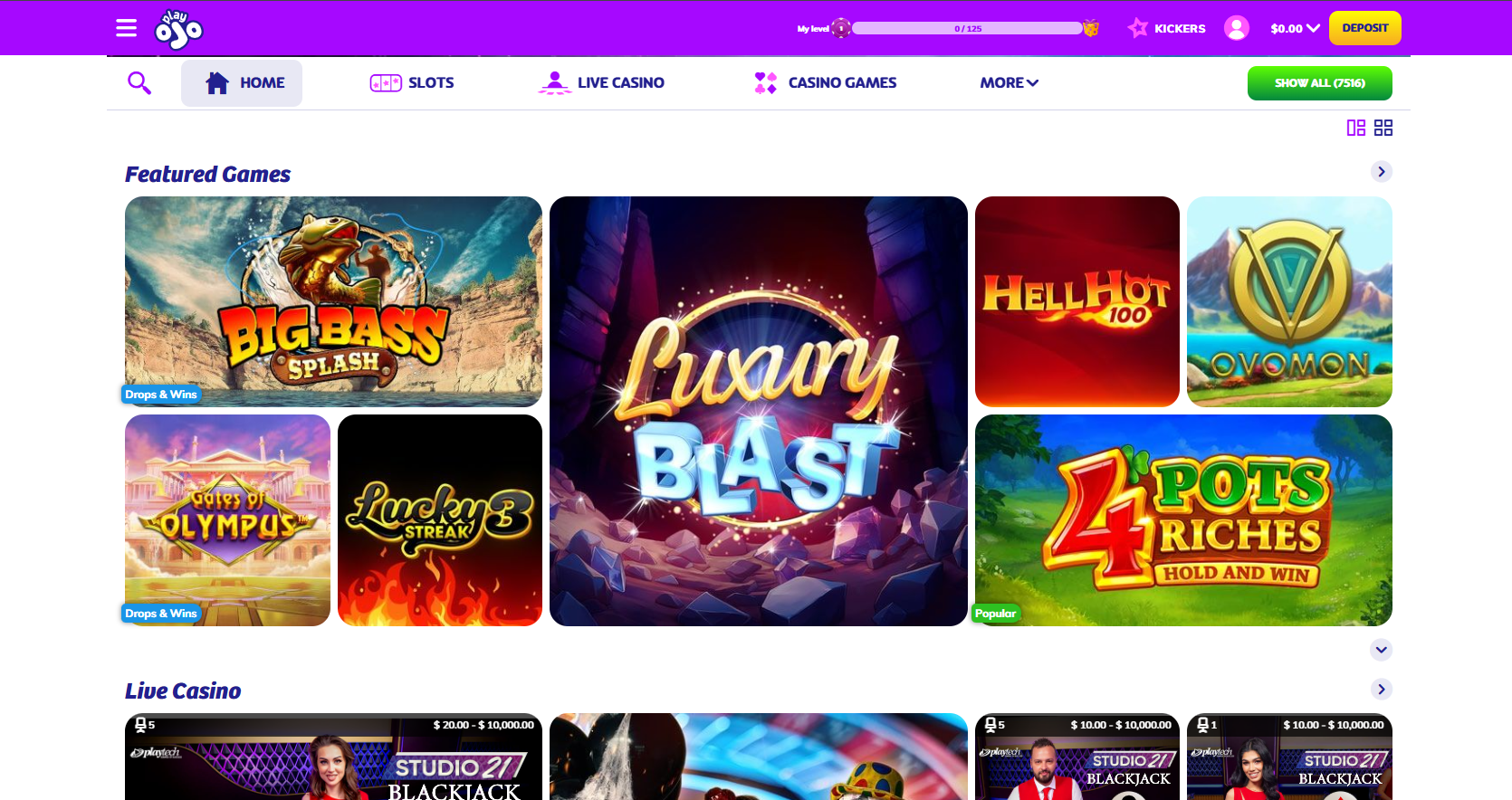 PlayOjo casino homepage screenshot